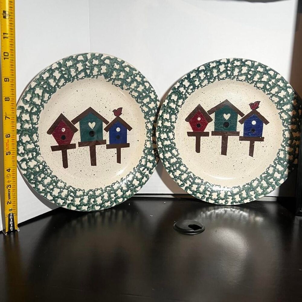 Vintage Stoneware Birdhouse Dinner Plates Set of 2 Green Spongeware Rim 10.5"